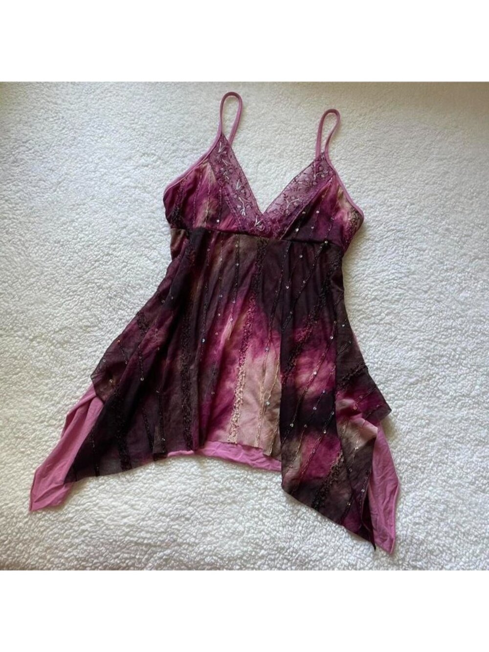 Purple fairycore babydoll top with beaded details and asymmetrical hem